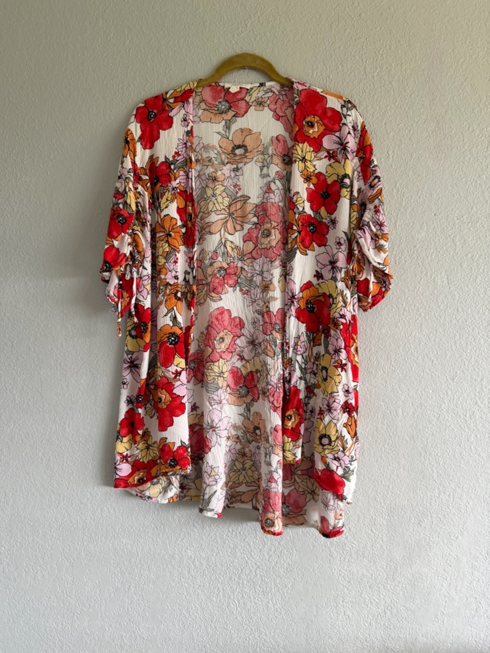 Floral Crinkle Gauze Flowy Kimono Duster Swim Cover Up Boho Chic Breezy XL Beach